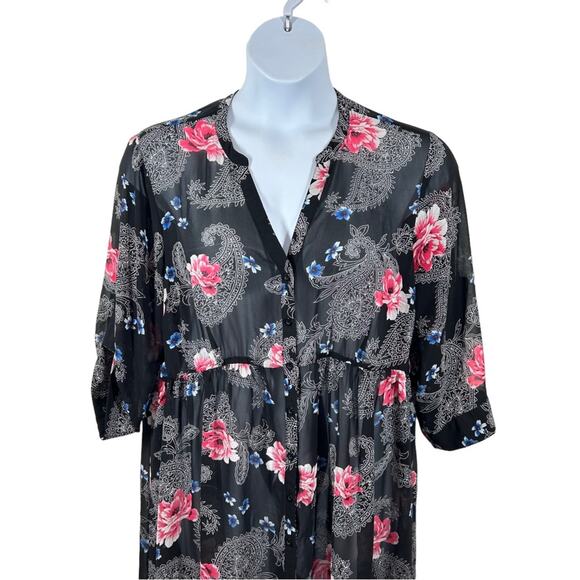 TORRID Georgette High Low Black Floral Chiffon Sheer Tunic Top Size 1 - Picture 3 of 15